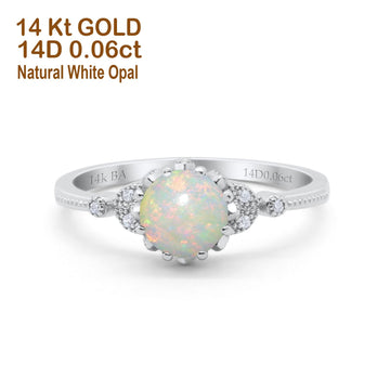 14K White Gold 0.06ct Round Art Deco Fashion 7mm G SI Natural White Opal Diamond Engagement Wedding Ring Size 6.5